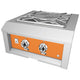 Built-in power burner with orange front panel, stainless frame, and dual control knobs.