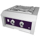 Built-in power burner with purple front panel, stainless frame, and dual control knobs.