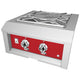 Built-in power burner with red front panel, stainless frame, and dual control knobs.