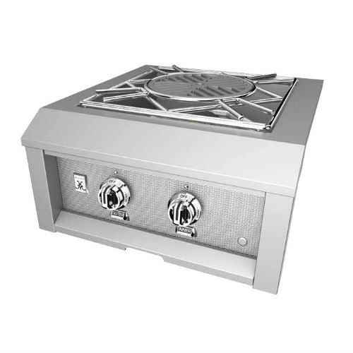 Built-in power burner with stainless steel body and dual control knobs, open grate top.