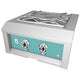 Built-in power burner with turquoise front panel, stainless frame, and dual control knobs.