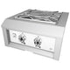 Built-in power burner with white front panel, stainless frame, and dual control knobs.