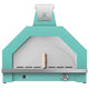 33-inch teal pizza oven with arched stone opening, stainless front trim and emblem