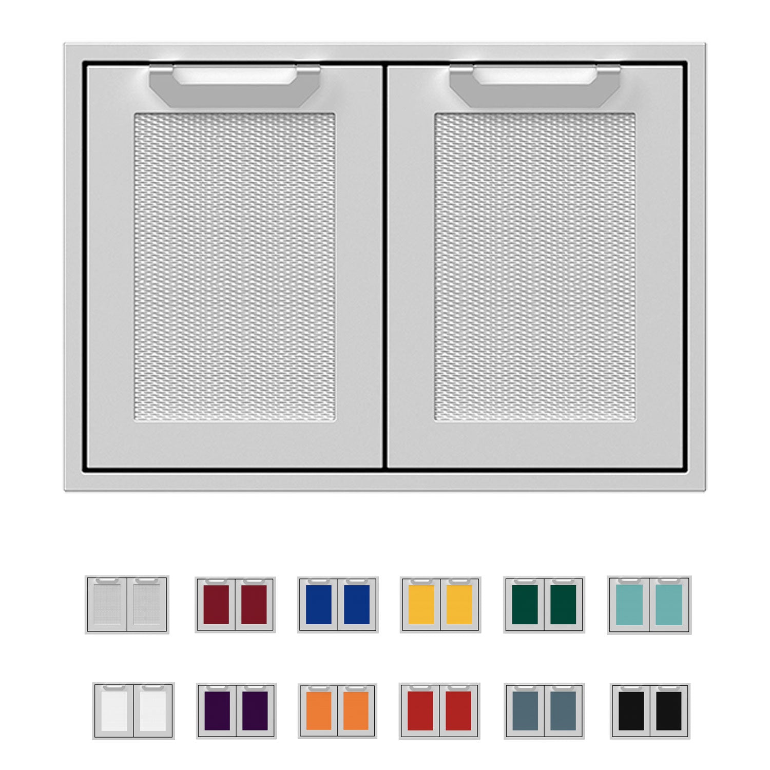 Double storage doors with two vented mesh panels in light gray