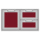 Stainless double drawer storage unit with four red drawer fronts
