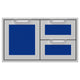 Stainless double drawer storage unit with four blue drawer fronts