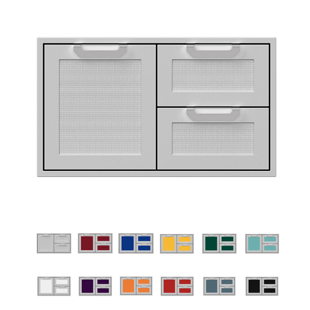 Double drawer and storage door combo with two drawers and mesh panels, steel frame
