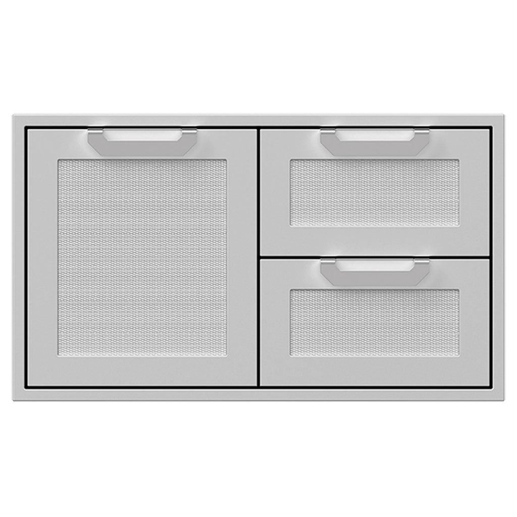 Double drawer and storage door combo with two drawers and mesh panels, froth light finish
