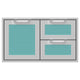 Double drawer and storage door combo with two drawers and mesh panels, teal finish