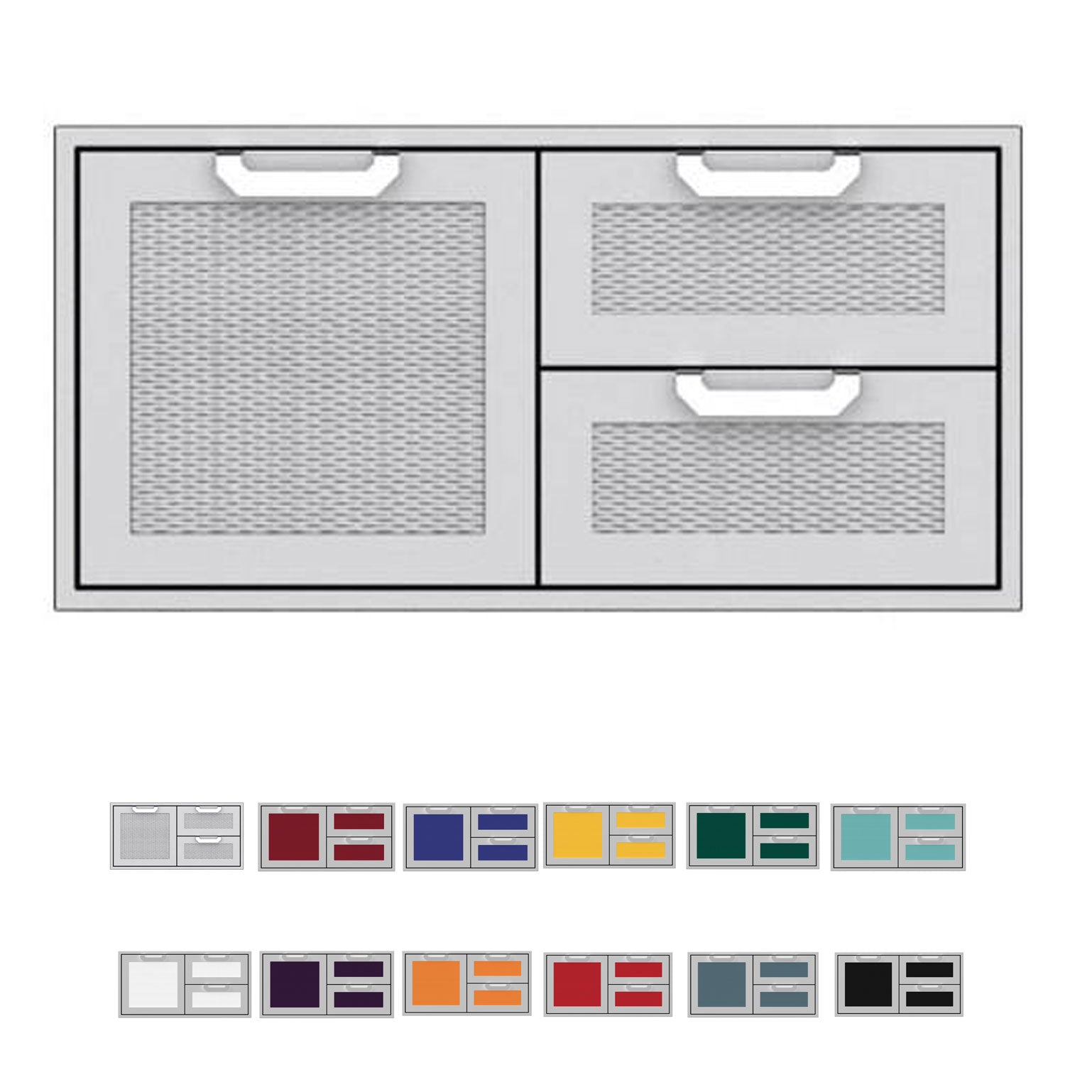 Double drawer storage combo with textured mesh inserts and brushed metal handles