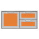 Double drawer storage combo with orange drawer fronts and silver handle pulls