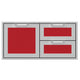 Double drawer storage combo with red drawer fronts and silver handle pulls