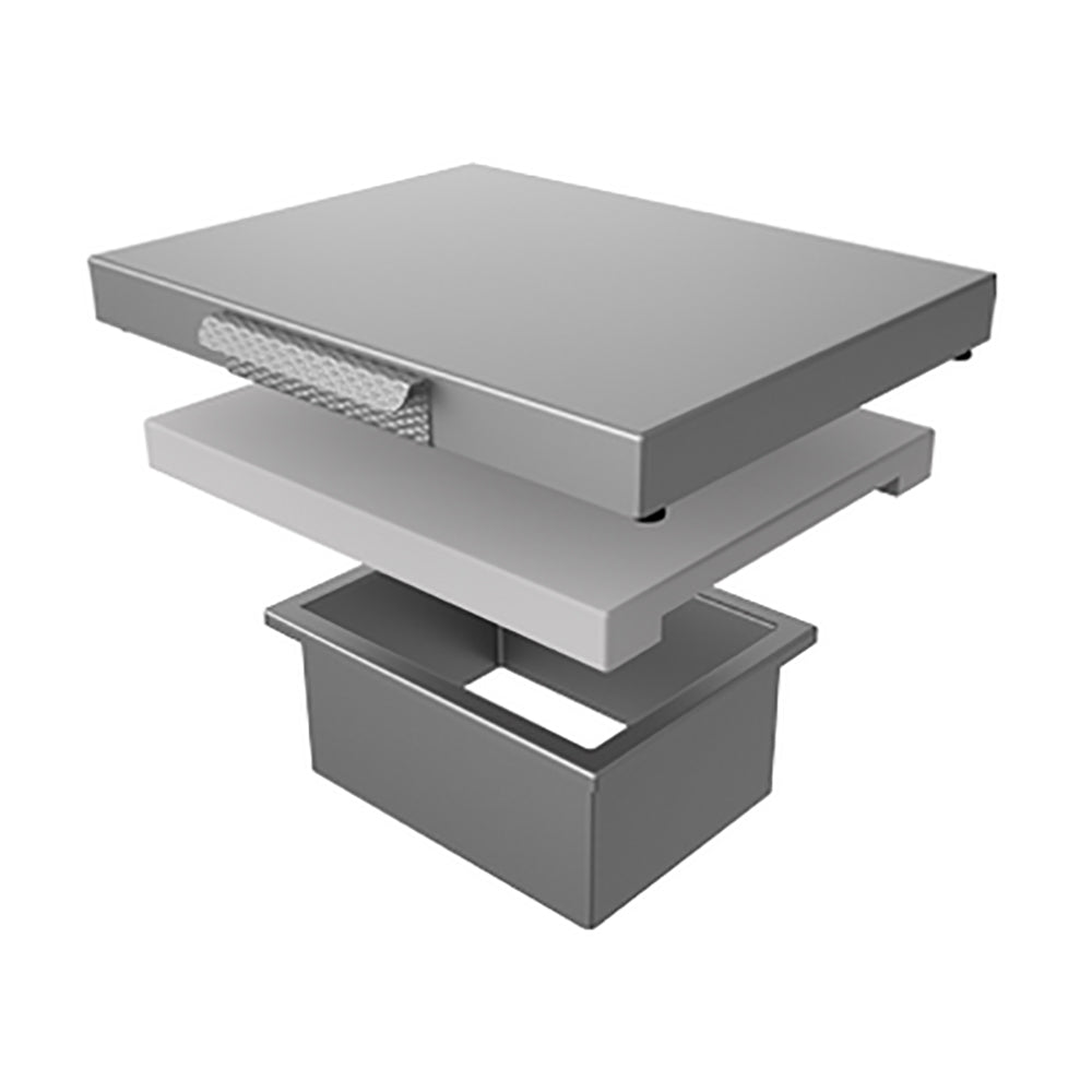 Countertop trash chute with cutting board, steel gray with feed opening