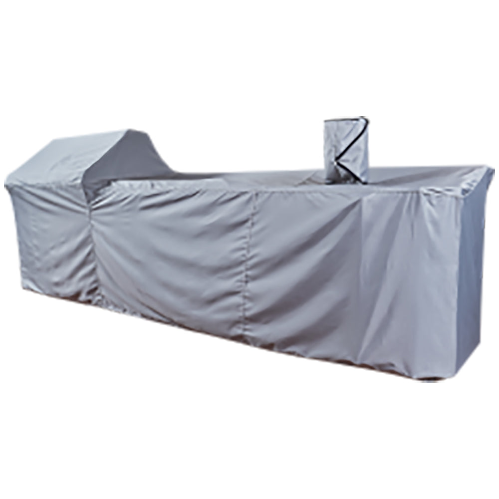 Outdoor living suite bar fabric cover, light gray with fitted wrap and seam detail