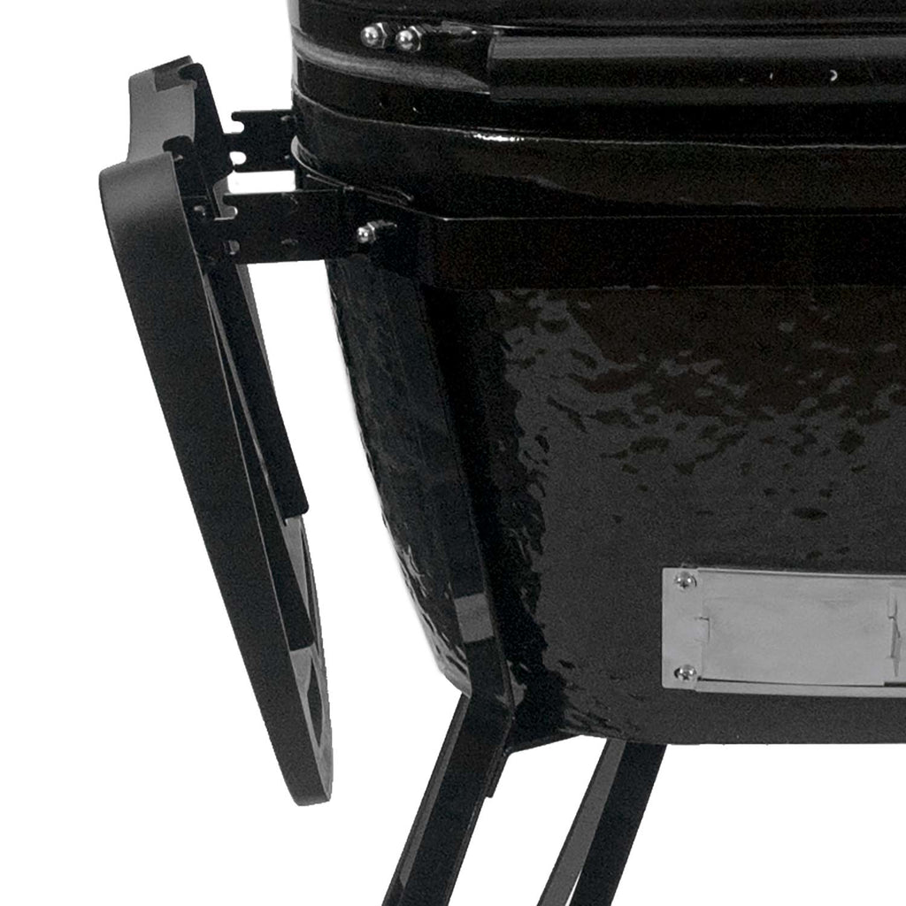 Charcoal grill access door with hinged handle and rectangular vent panel