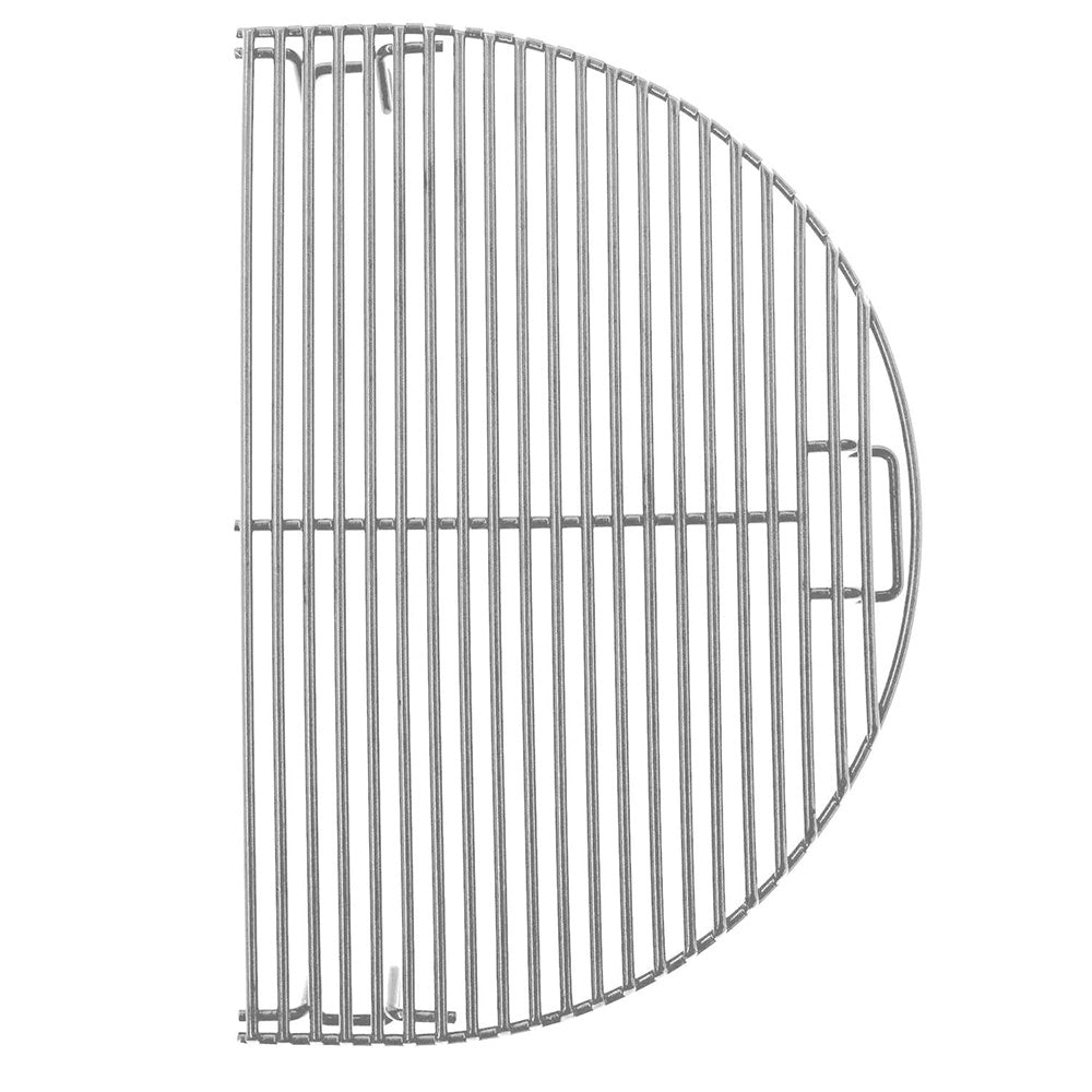 Half-moon stainless steel grill grate with vertical bars and curved frame handle