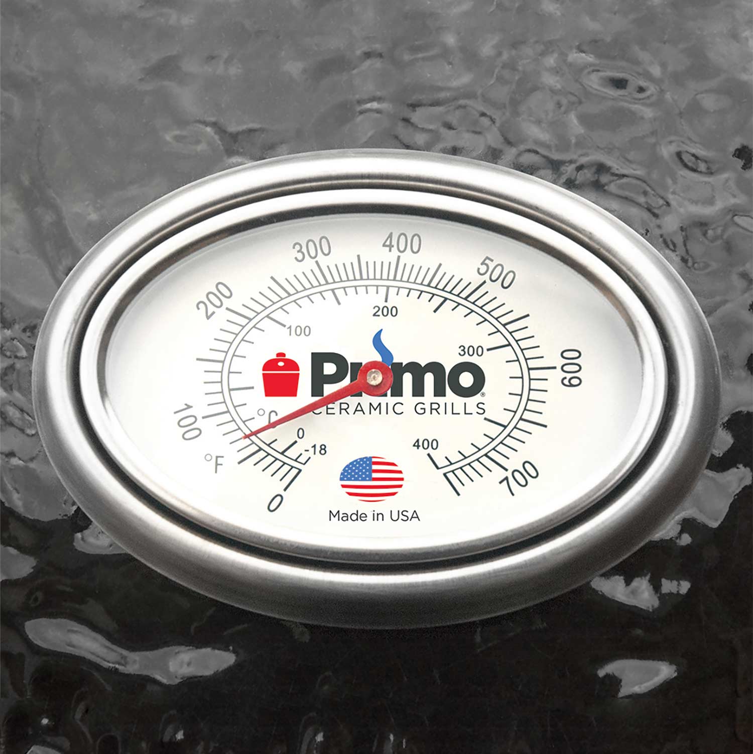 Analog grill thermometer with Primo Ceramic Grill temperature scale