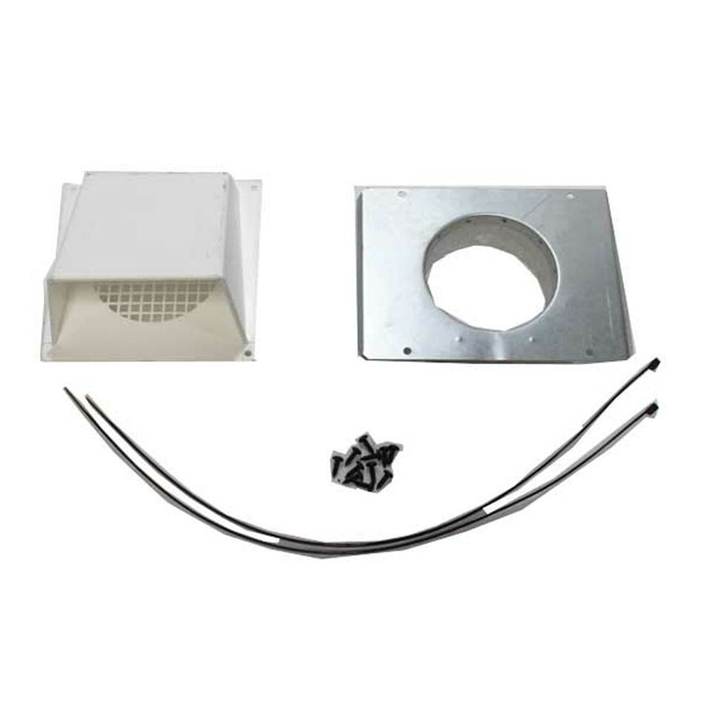 Outside air kit components: vent hood, metal plate with round opening, hoses, fittings