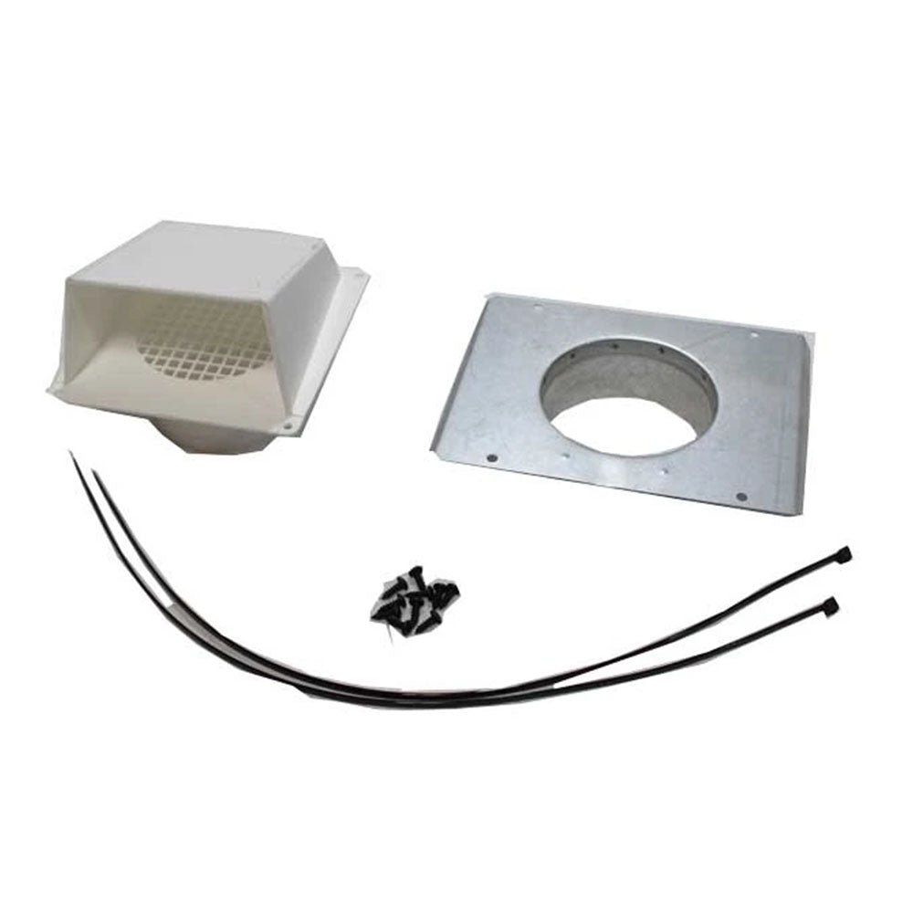 Outside air kit components: gray hood, metal plate, bundled black wire ties