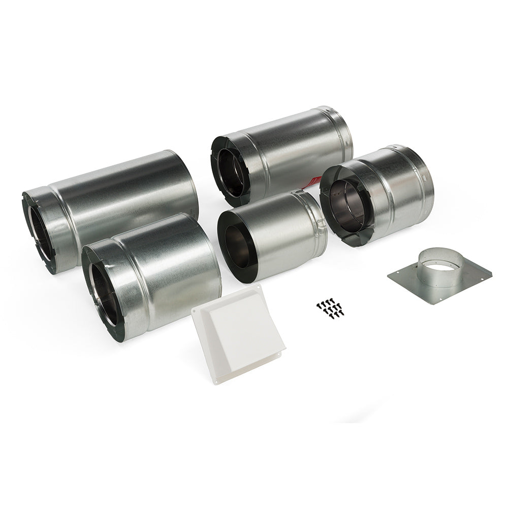 Outside air kit metal duct tubes with connecting collars, base plate, and screws