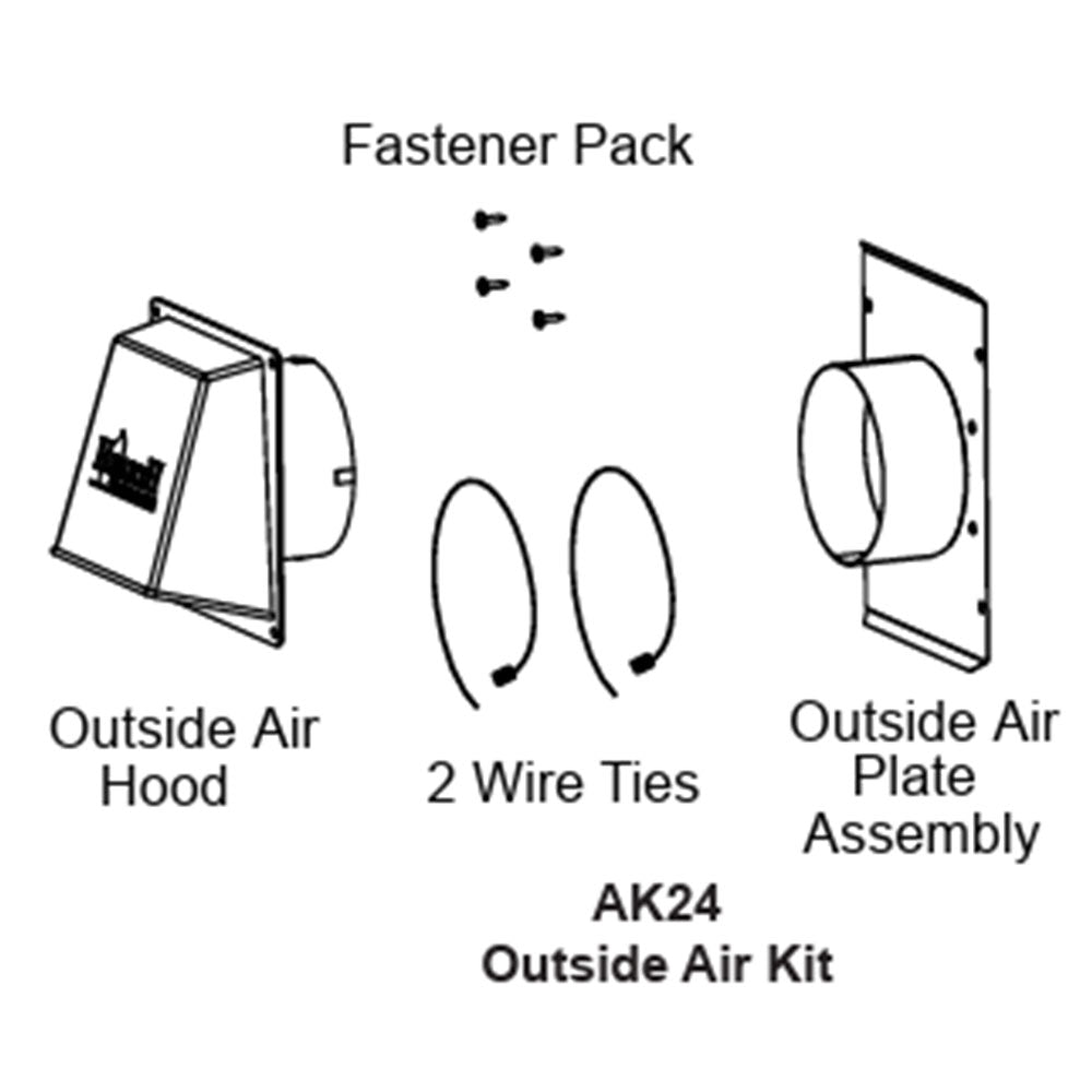 AK24 outside air kit diagram showing hood, plate assembly, two wire ties