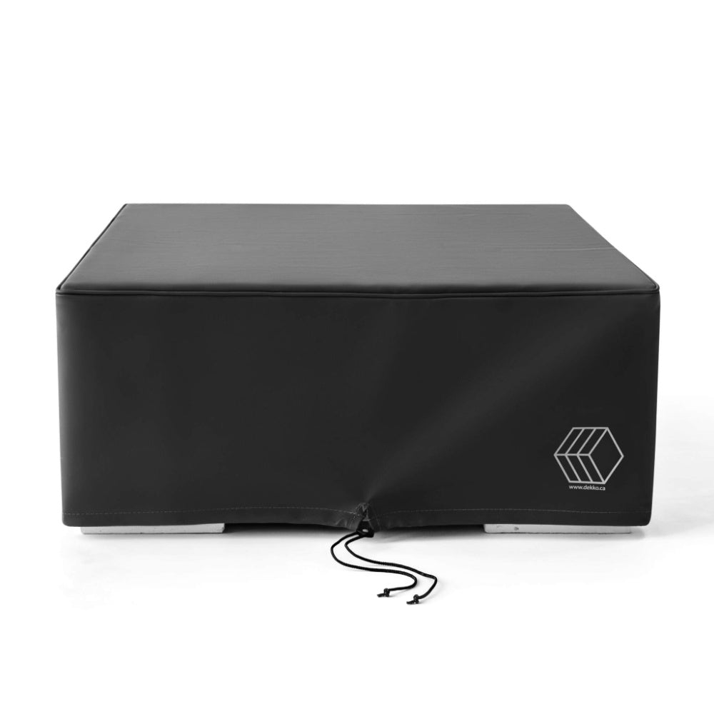 Black fire pit cover with logo and drawstring cord, vinyl-style rectangular shape