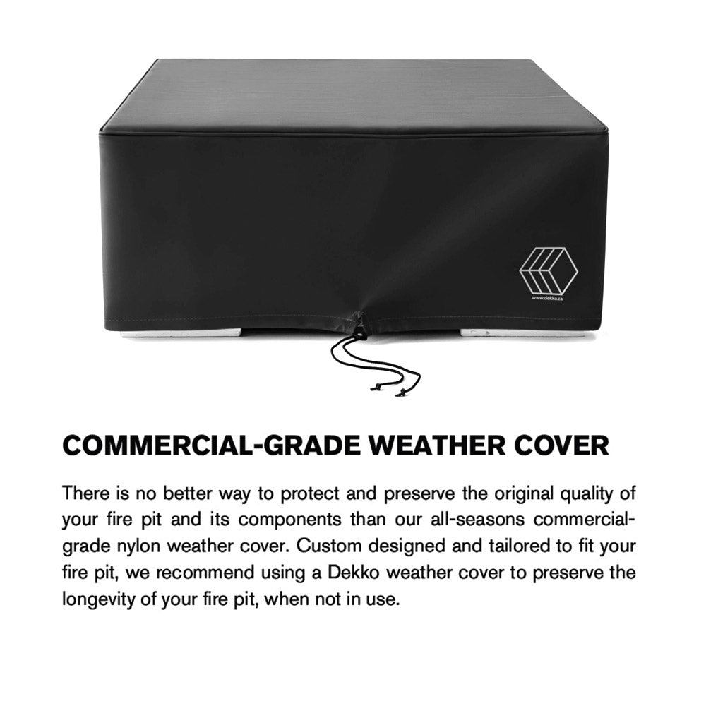 Black fire pit cover with front drawstring, rectangular vinyl-style cover and logo