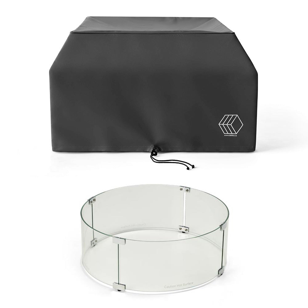 Round glass fire pit wind guard with dark vinyl cover