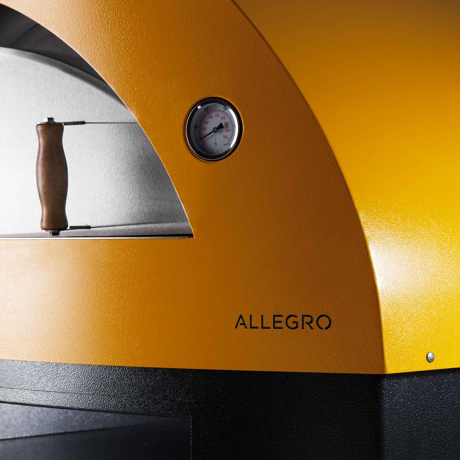 Yellow countertop pizza oven side panel with round dial gauge and "ALLEGRO" marking