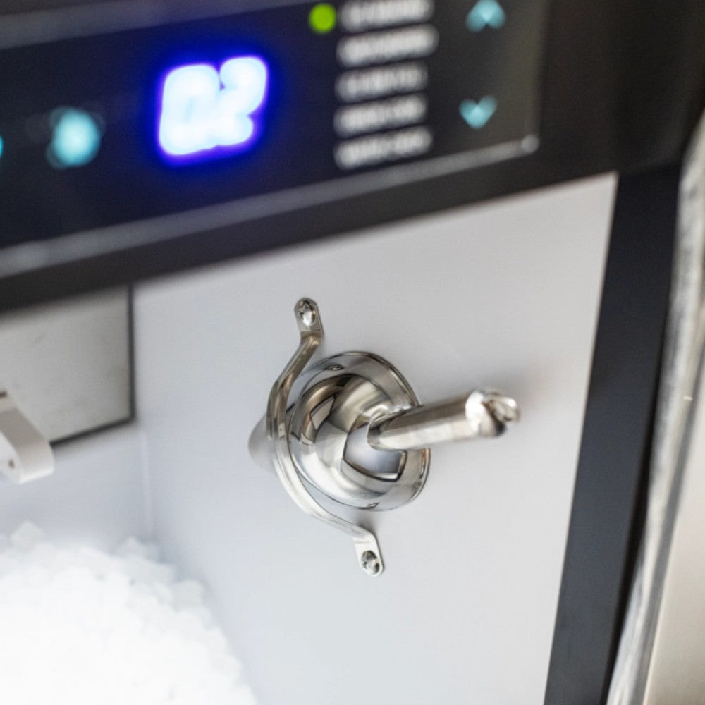 Ice maker door handle with control panel and blue display lights