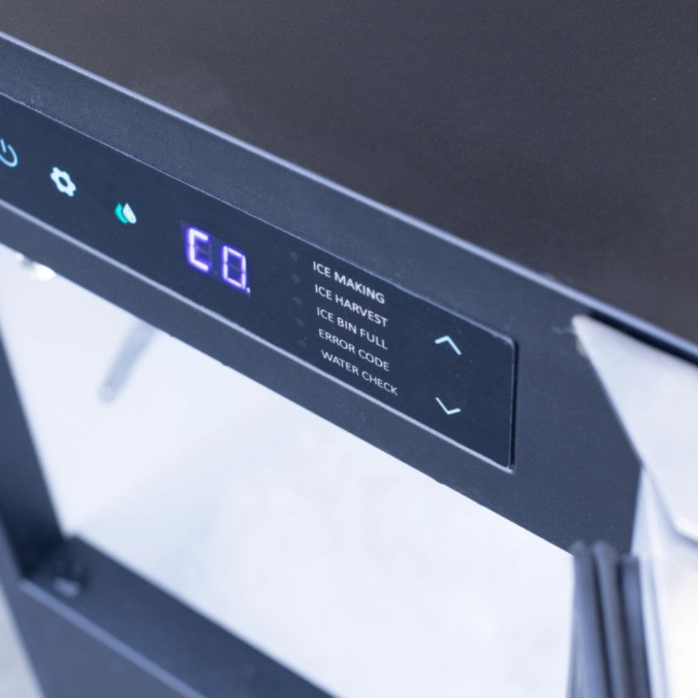 Ice maker control panel with blue digital display and status indicators