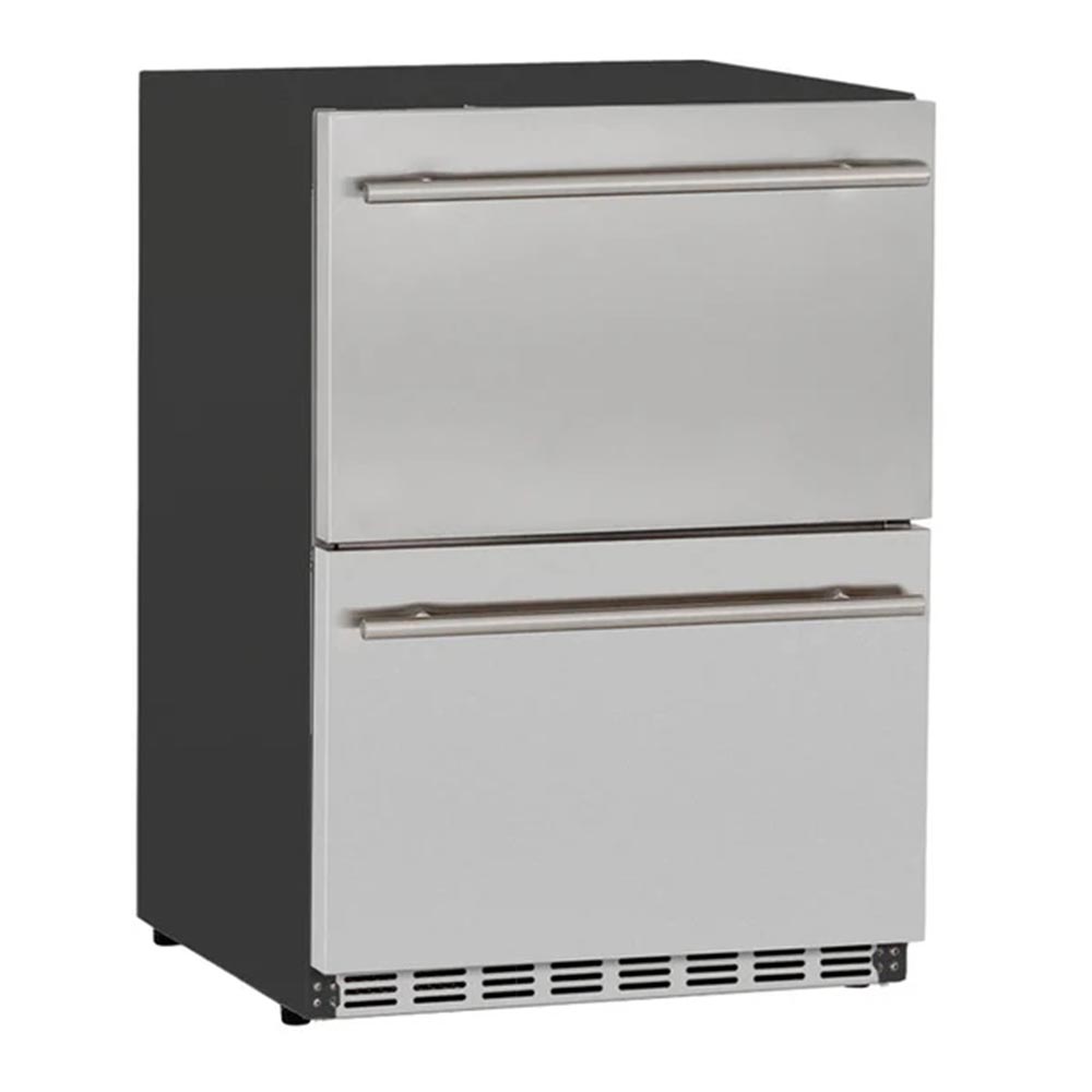 White two-drawer outdoor fridge with brushed metal handles and vented base