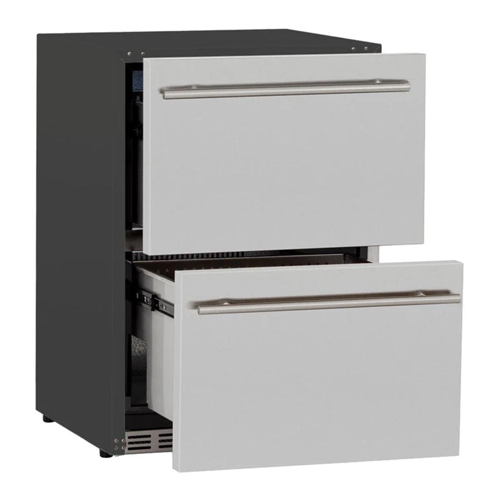 Outdoor two-drawer fridge with both drawers open, revealing the interior storage