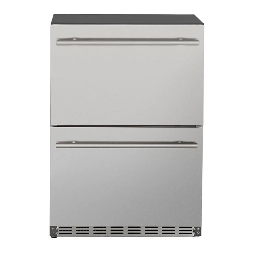 Front view of white two-drawer outdoor fridge with stainless handles and vents