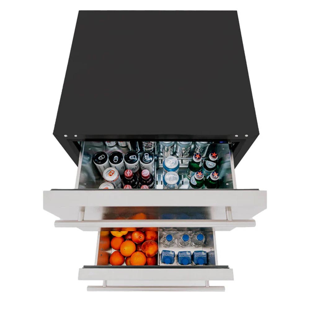 Open outdoor fridge with top compartment and drawers showing drinks and fruit