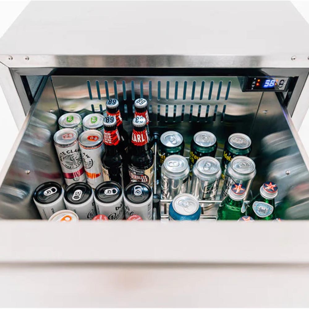 Open fridge drawer filled with bottled and canned drinks; blue digital temperature readout