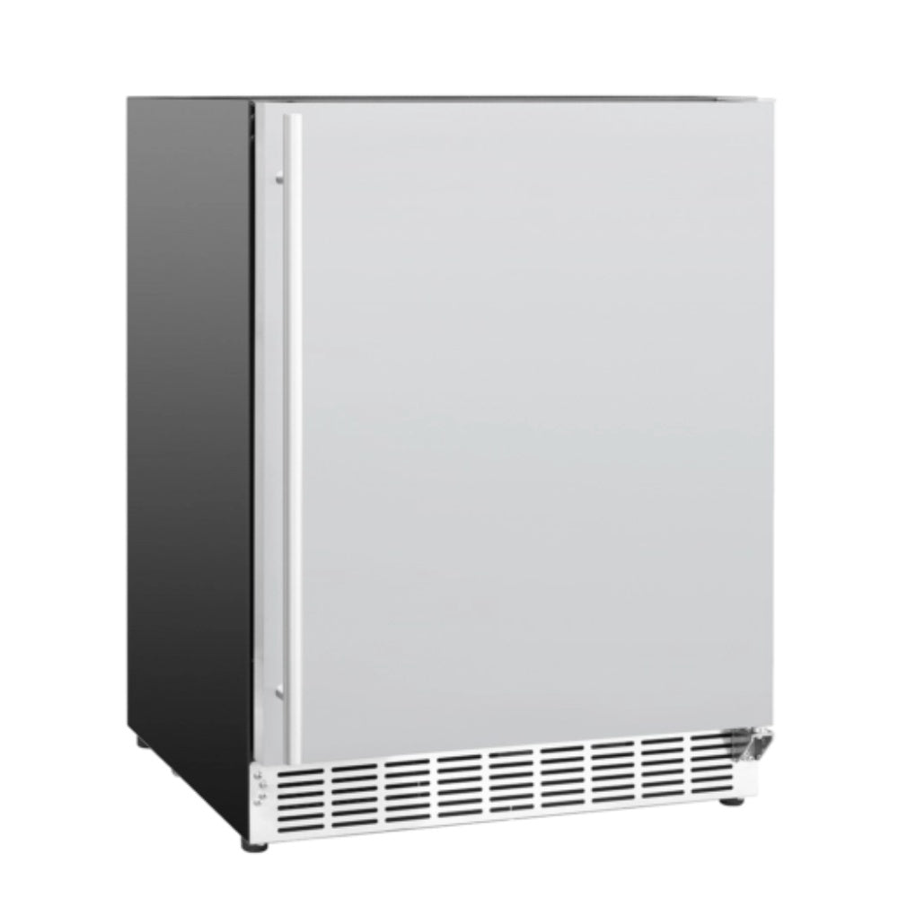 24-inch outdoor refrigerator with white door, black side panel, and vented bottom grille