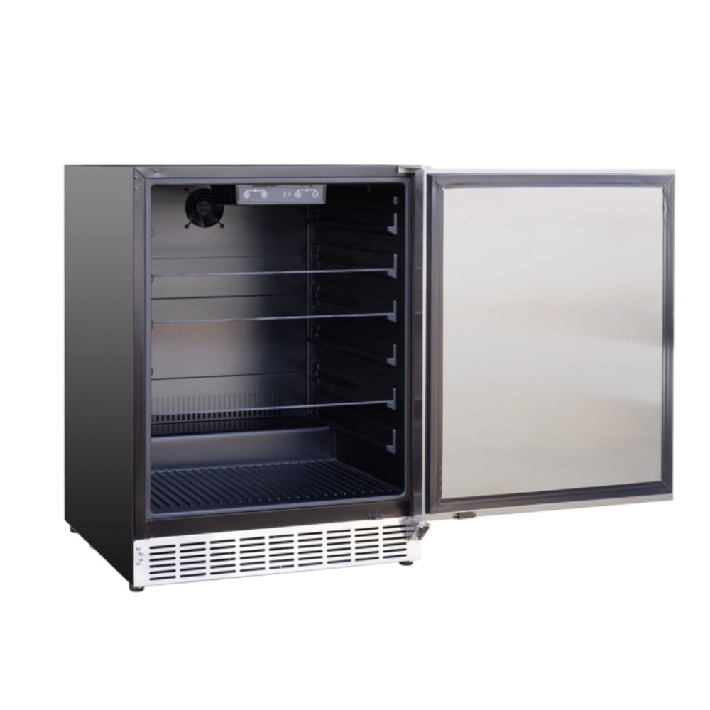 Outdoor refrigerator with open door showing interior shelves and bottom rack