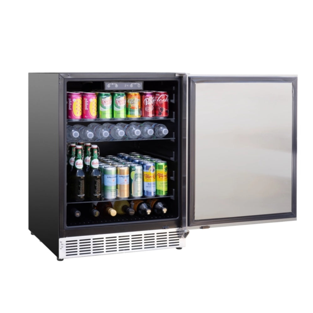 Outdoor refrigerator open to storage shelves with cans and bottles inside
