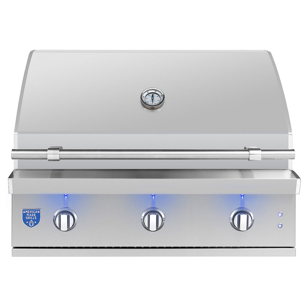 Built-in gas grill with lid closed, stainless steel body, center thermometer, control knobs.