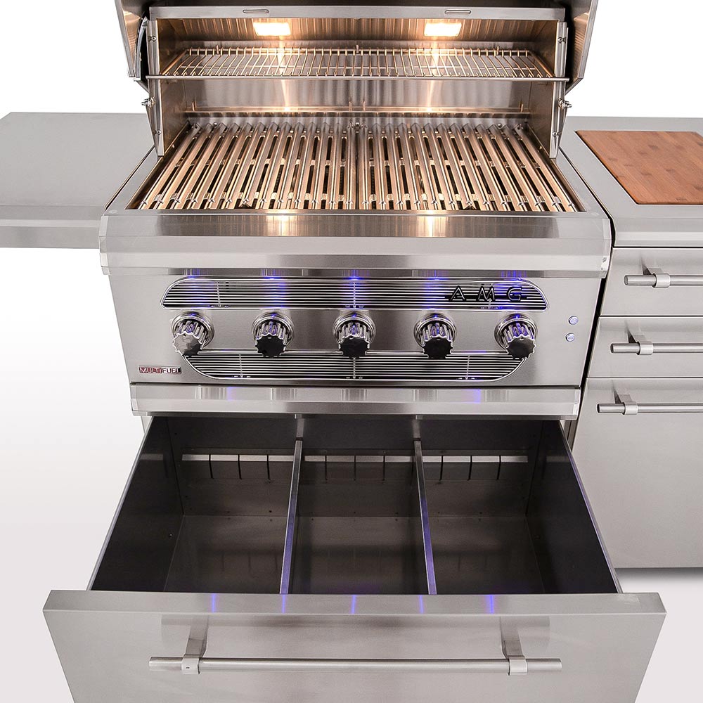 Freestanding grill cart with open lid and stainless steel cooking grates over burners