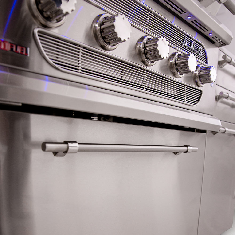 Freestanding grill cart burner controls with chrome knobs and vented front panel
