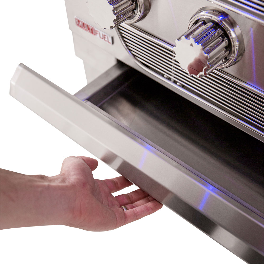 Freestanding grill cart burner area with control knobs and front handle panel