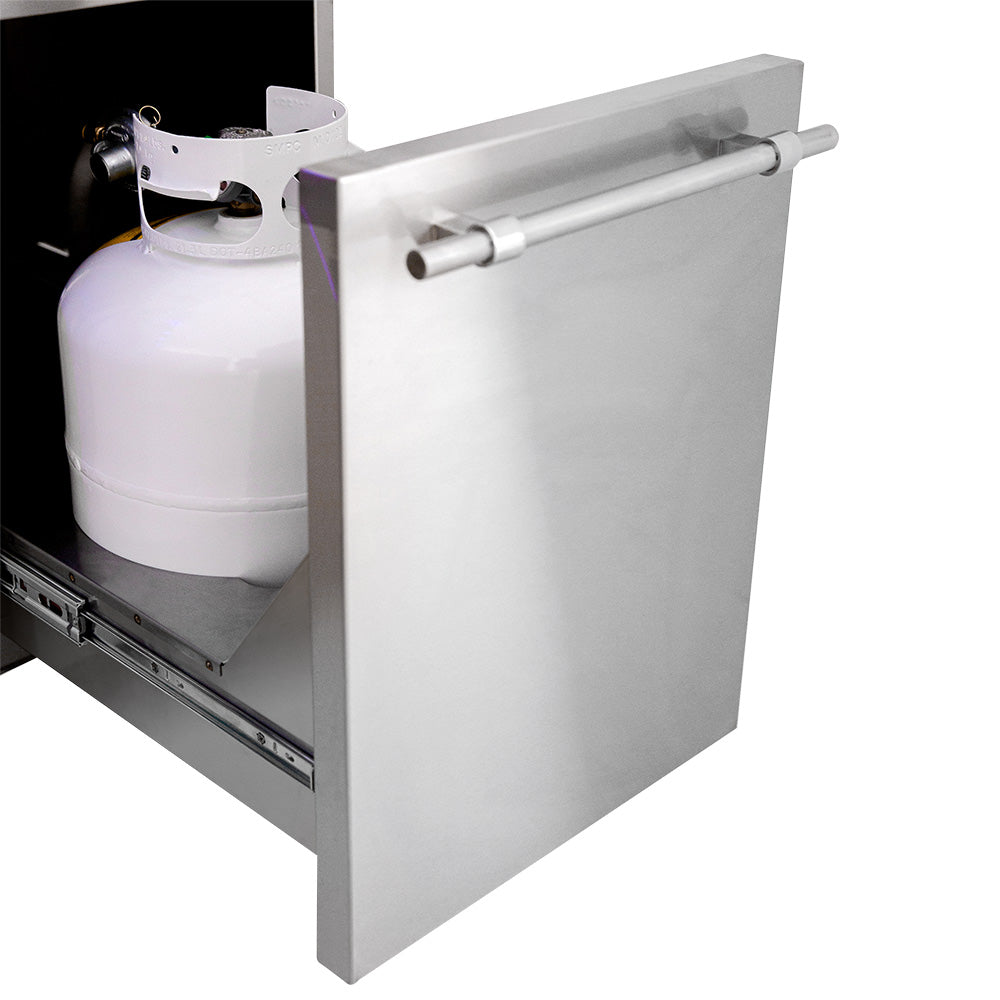 Freestanding grill cart with side propane tank compartment and stainless cabinet doors