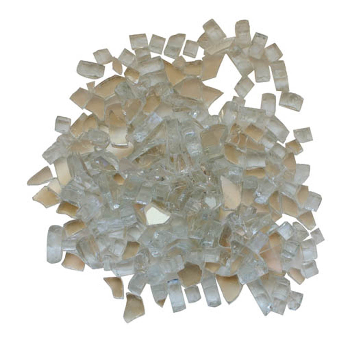 Clear reflective fire glass stones, small cut pieces in a loose pile
