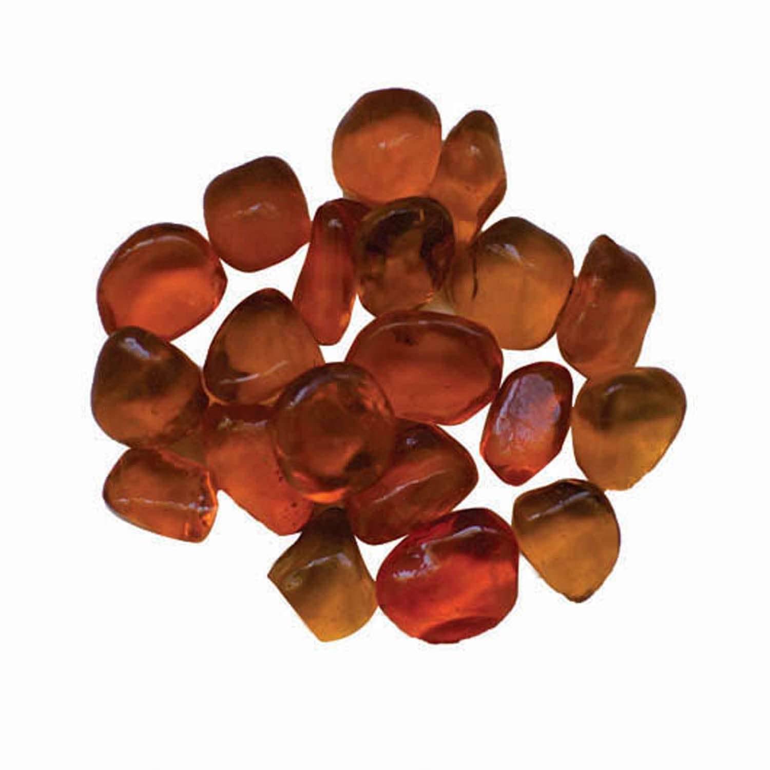 Orange fire beads with glossy glass-like surface, small rounded pieces