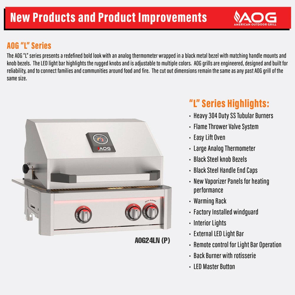 Printed product brochure showing 24-inch freestanding gas grill with side shelves and knobs