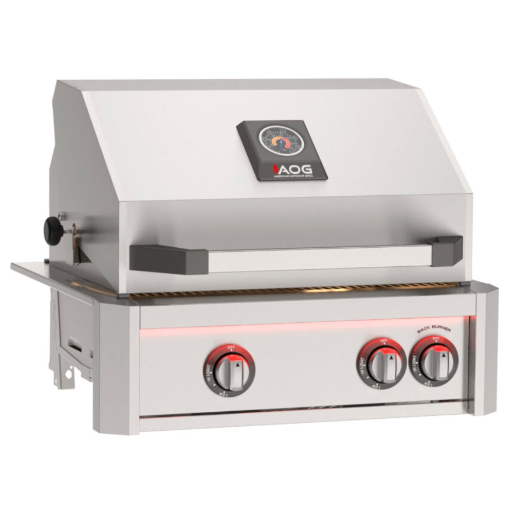 Built-in gas grill with stainless hood, red control knobs, AOG logo panel