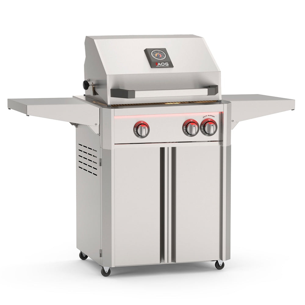 24-inch freestanding gas grill front view with three control knobs and warming lid