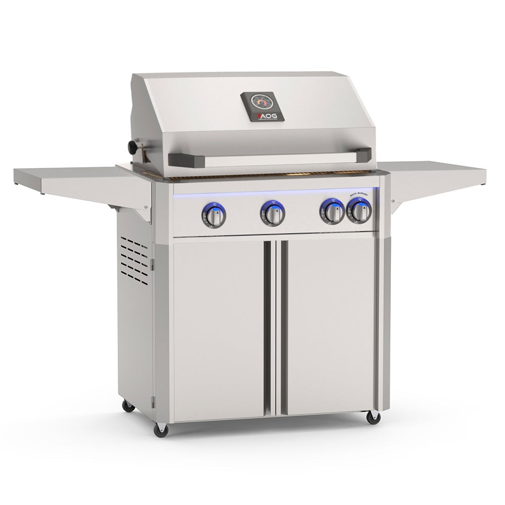 Freestanding gas grill in white with four burner knobs and side shelves